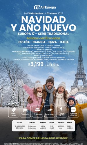 18 DICIEMBRE 2026 AL 03 ENERO 2027 - CELEBRA NAVIDAD Y AÑO NUEVO VIAJANDO - (17D-15N) - Válido hasta agotar stock