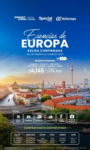 BLOQUEO ESENCIAS DE EUROPA - (19D-17N) - (Del 28 febrero al 18 marzo 2027) - Válido hasta agotar stock